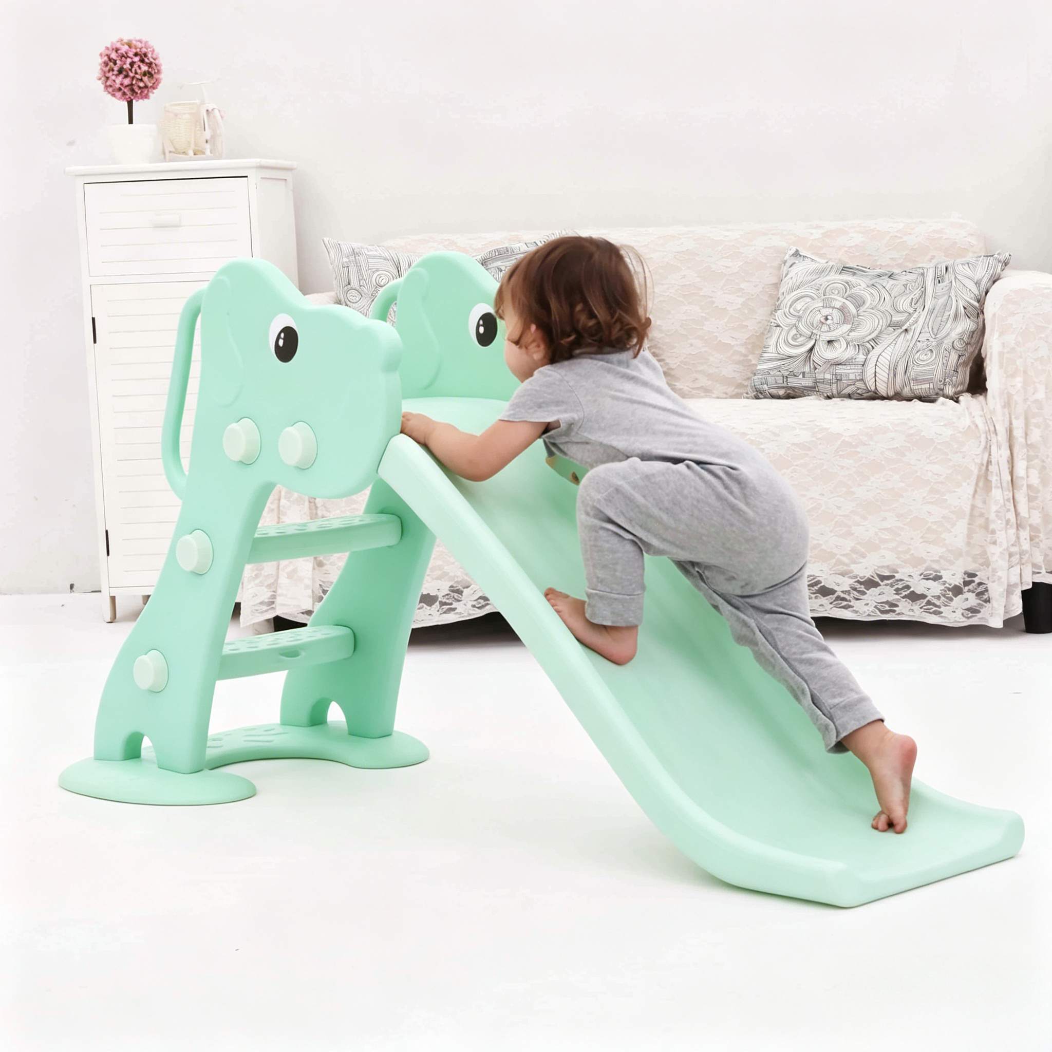Mint Green Dog Kids Slide, Easy Climb Toddler Slide with Stable Base, Non-Toxic Indoor Play Toy for Infants